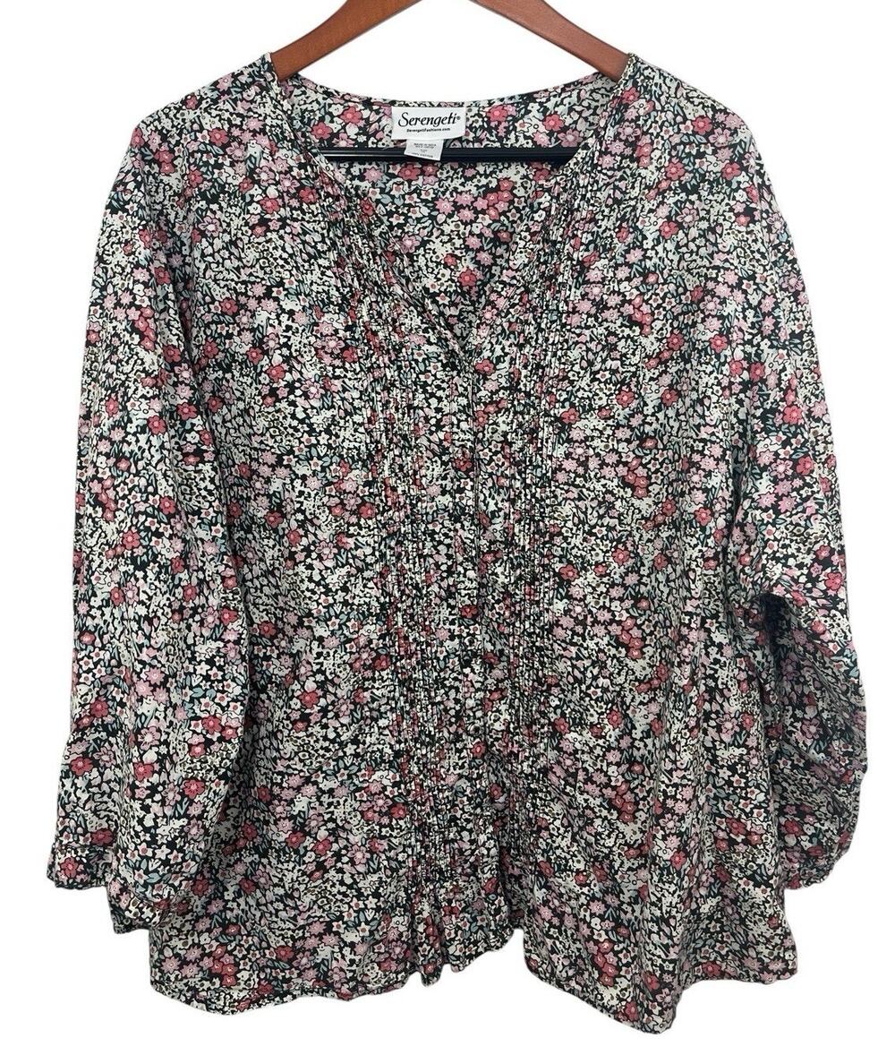 Serengeti Floral Print Pleated Button Blouse Tunic Top 3X Prairie Women's Dainty